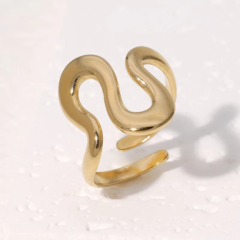 Stainless Steel Irregular Wave Rings for Women Men Creative Gold Color Adjustable Opening Rings Female Statement Jewelry Gift