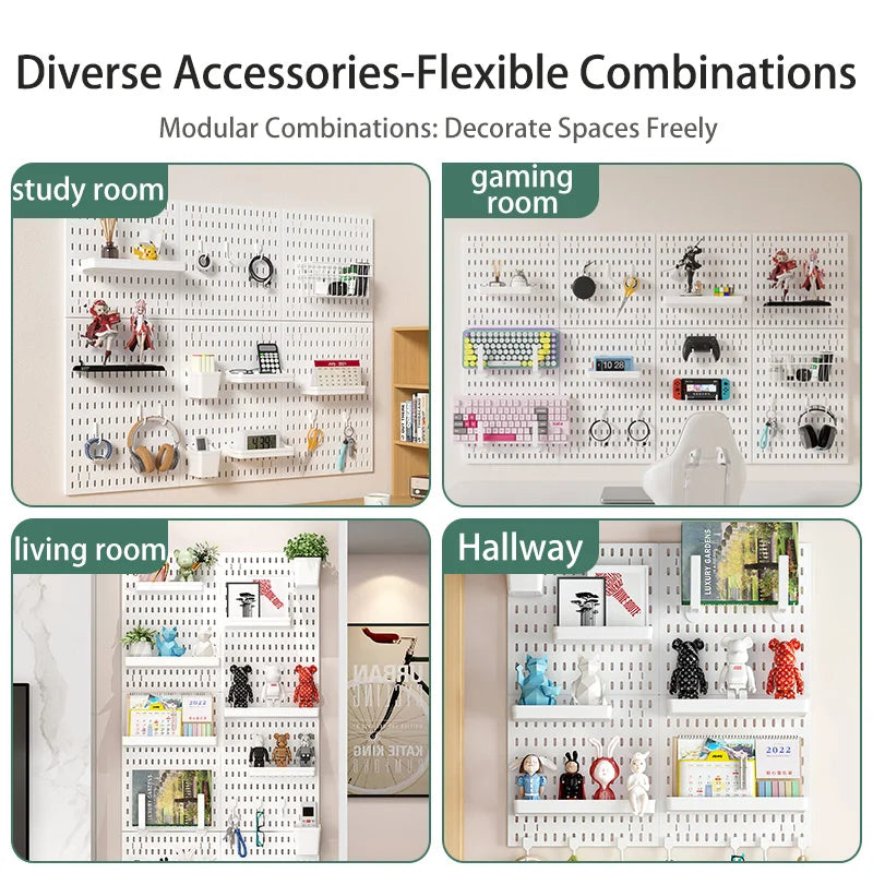 Home Office Pegboard Wall Storage Panel, PP Plastic Hole Board with Multi Hooks Shelf for Study Desk Stationery, Black White