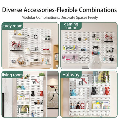 Home Office Pegboard Wall Storage Panel, PP Plastic Hole Board with Multi Hooks Shelf for Study Desk Stationery, Black White