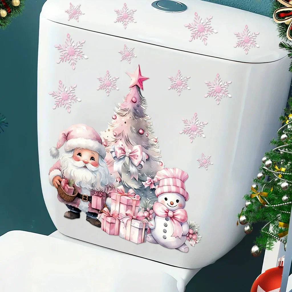Pink Christmas Snowman Santa Claus Wall Sticker New Year Glass Window Decoration Mural Room Home Decor Electrostatic Decals