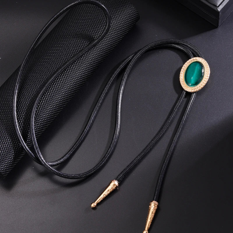 Bolo Tie for Women Men Vintage Crystal Oval Shirt Bowtie Western Cowboy Necktie Luxulry Fashion Jewelry Accessories - Green