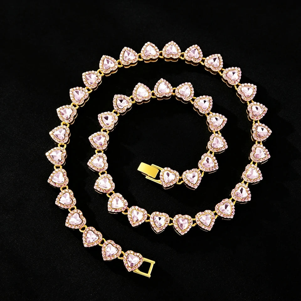 ZAKOL 45CM New Hip Hop Tennis Chain Bracelet Necklace Shiny Heart Rhinestone CZ Fashion Rock Party Jewelry Set - Pink Golden 