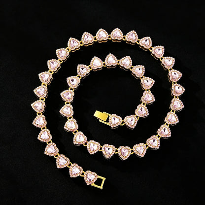 ZAKOL 45CM New Hip Hop Tennis Chain Bracelet Necklace Shiny Heart Rhinestone CZ Fashion Rock Party Jewelry Set - Pink Golden 