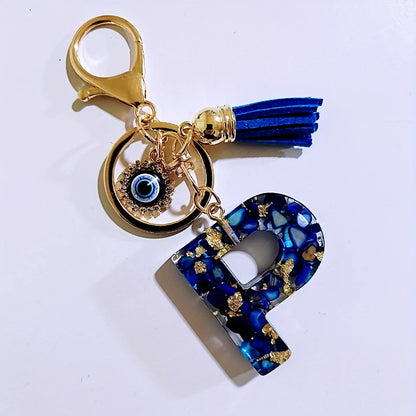 Blue Resin Initial Keychain - Evil Eye Letter Charm with Rhinestones & Tassel, Stylish Gift for Women, Lobster Clasp Accessor