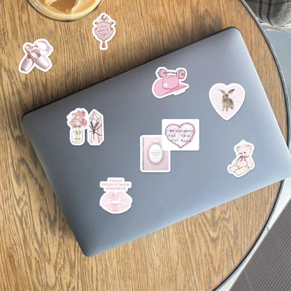 46pcs Bunny, Bear, Perfume Pink Graffiti Stickers Decorated Notebook Water Cup Diary Guitar Student Stationery PVC Decals