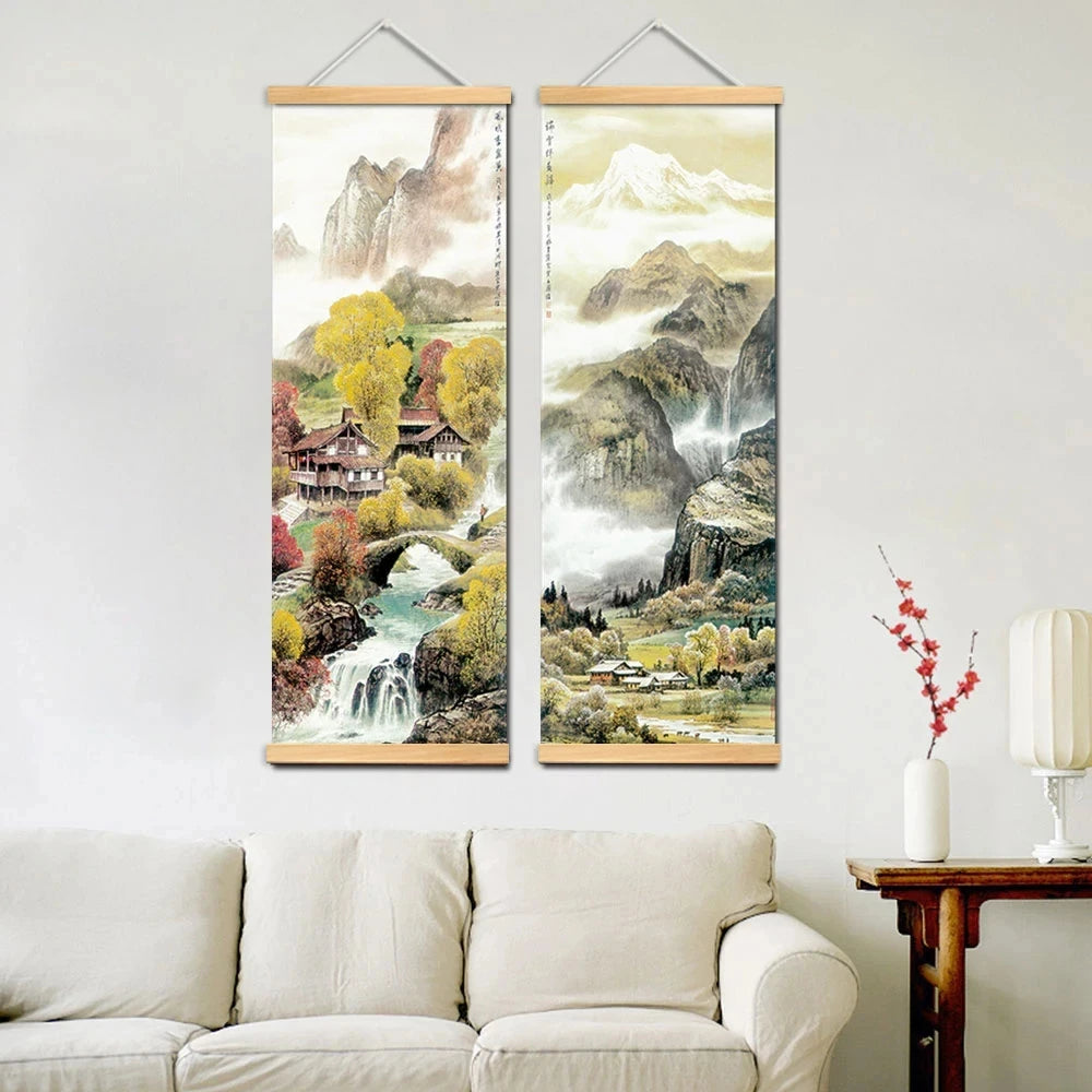 Chinese Traditional Style Four Seasons Landscape Canvas for Living Room Wall Art Poster Solid Wood Scroll Paintings Home Deco