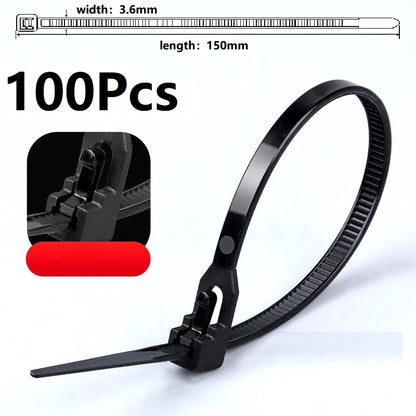 100 Reusable Cable Ties, Cable Lock Loop Nylon Ties Removable, Recyclable, Mixed Colours, Black, White - 100pcs black