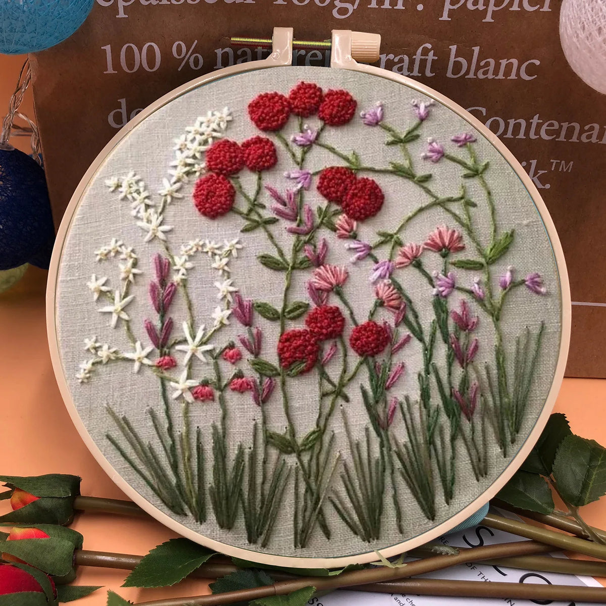 3D Embroidery Starter Kits with Flowers Pattern for Adults Beginners, Floral Stamped Cross Stitch Kit, Hand DIY Needlepoint K