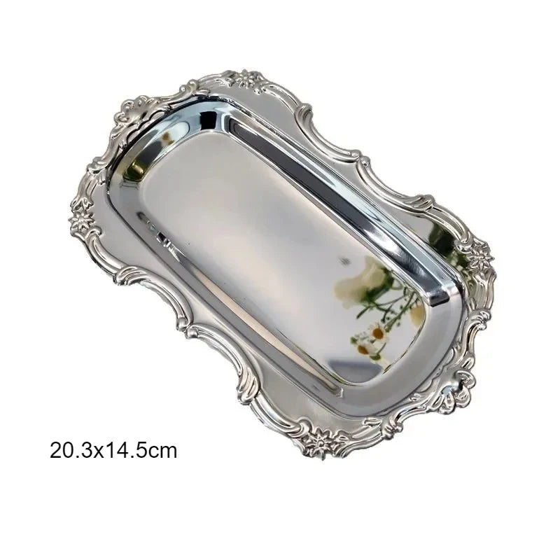 Vintage Embossed Silver Tray Serving Platter For Desserts Jewelry Storage Organizer Snack Plate Dining Table Decoration