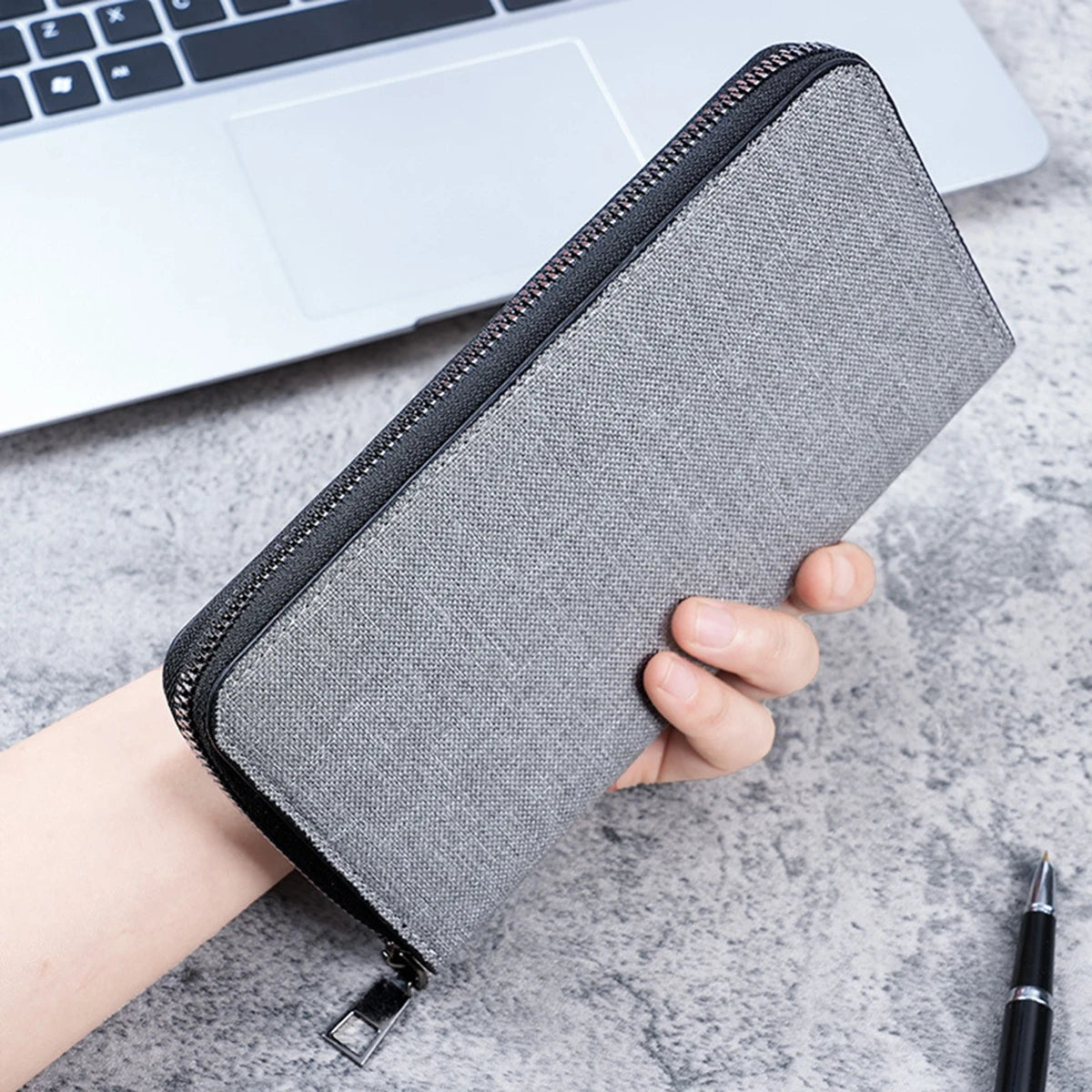 Men Long Wallet Large Capacity Multiple Card Slots Canvas Zippered Purse Business Handbag Card Holder Wallet Coin Bag - Grey