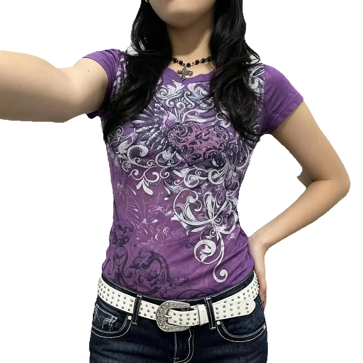 Women's Subculture Vintage Purple Print T-shirts American Street Hottie Slim Tees Fashion Y2K Punk Aesthetic Tops Chic Clothi