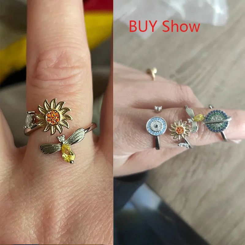 Anti Stress Anxiety Fidget Rings for Women Satinless Steel Spinner Sunflower Sun Star Ring Trendy Jewelry Gift