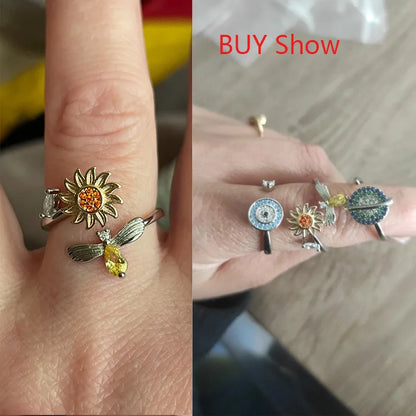 Anti Stress Anxiety Fidget Rings for Women Satinless Steel Spinner Sunflower Sun Star Ring Trendy Jewelry Gift