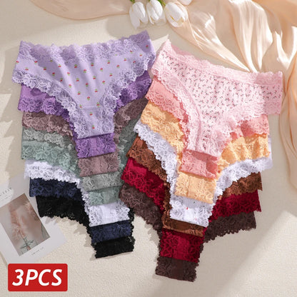 3Pcs Cotton Lace Patchwork Bikini Panties Women Seamless Floral Print Brazilian Pants Low Waist Breathable Female Sexy Linger