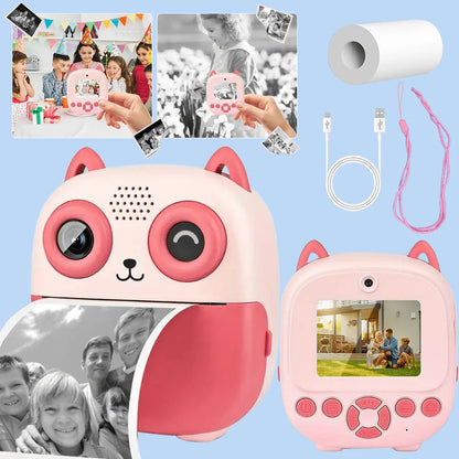 Instant Print Digital Camera - Mini Portable Photo Printer with Cute Cartoon Design, Instant Black & White Printing - Pink