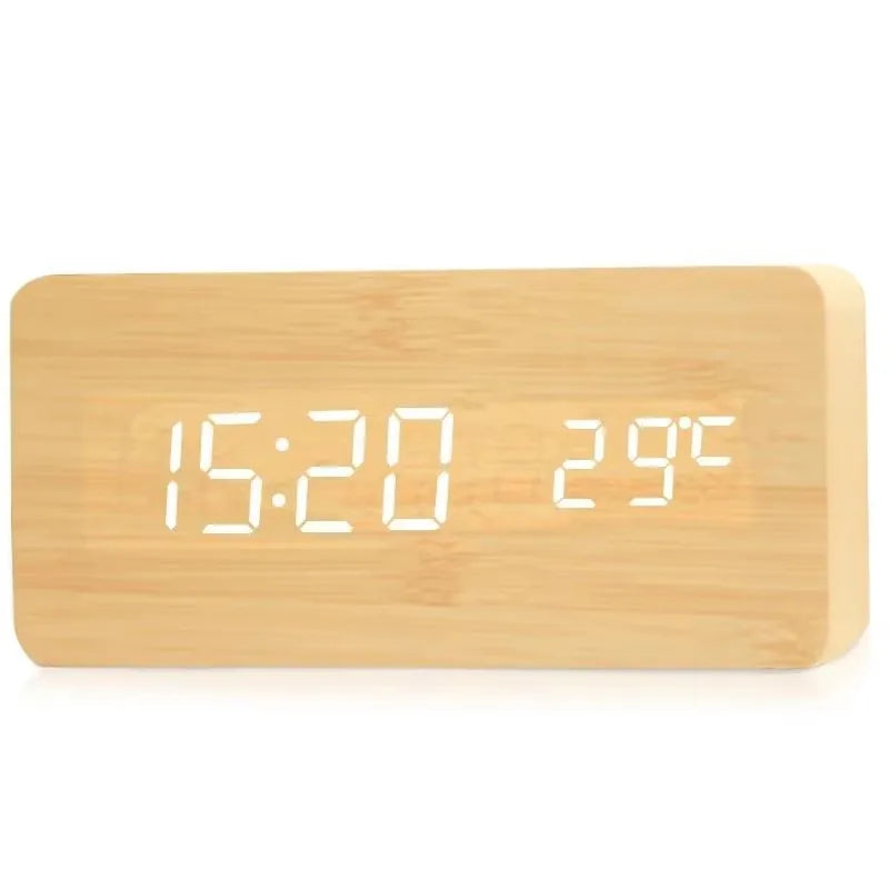 Wooden Digital Alarm Clock LED Table Clock with Temperature for Bedroom Office Desk Decorations - Bamboo