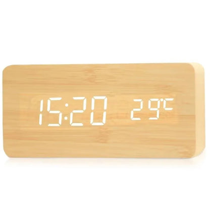 Wooden Digital Alarm Clock LED Table Clock with Temperature for Bedroom Office Desk Decorations - Bamboo