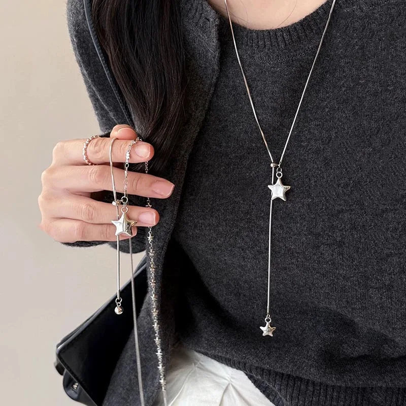 Minimalist Asymmetry Star Lariat Necklace for Women Adjustable Y-shaped Titanium Steel Chain Casual Daily & Party Jewelry Gif