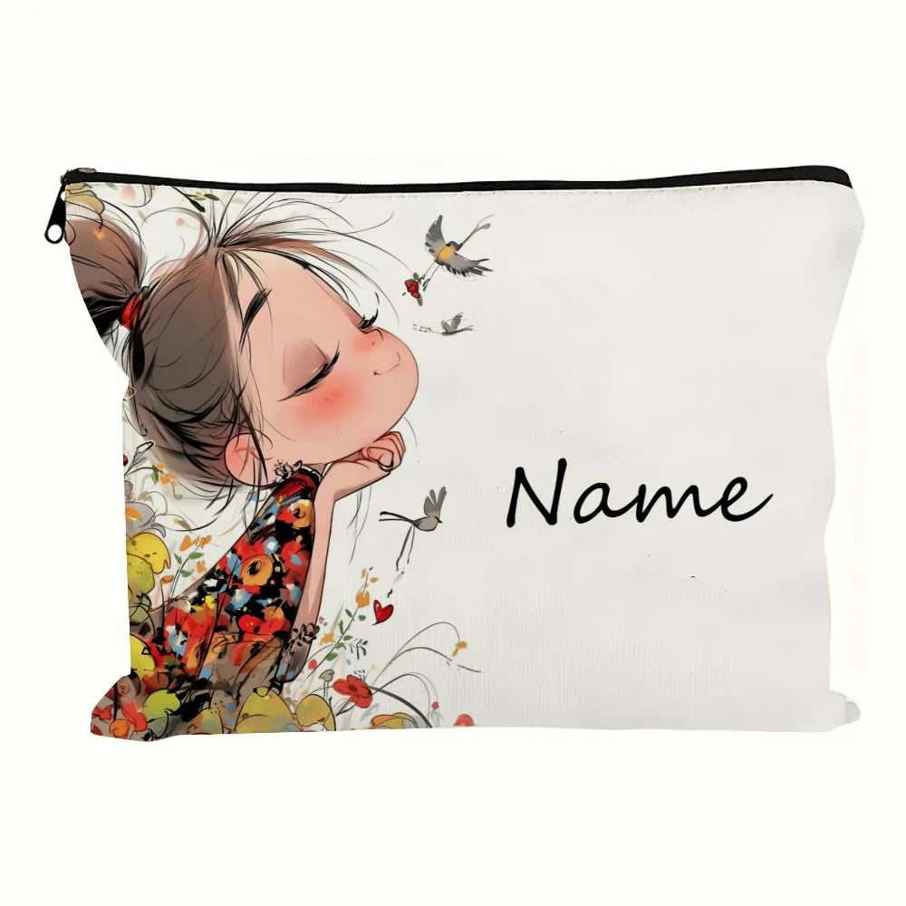 Custom Name Vintage Cute Girl Pattern Makeup Bag Handbag Toiletry Bag Pencil Case Holiday Gift Cosmetic Bag - A
