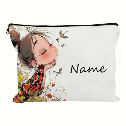 Custom Name Vintage Cute Girl Pattern Makeup Bag Handbag Toiletry Bag Pencil Case Holiday Gift Cosmetic Bag - A