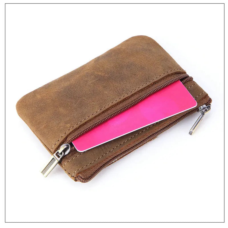 Retro Genuine Leather Coin Purse with Keychain for Men & Women Cowhide Zipper Coin Wallet Vintage Key Holder