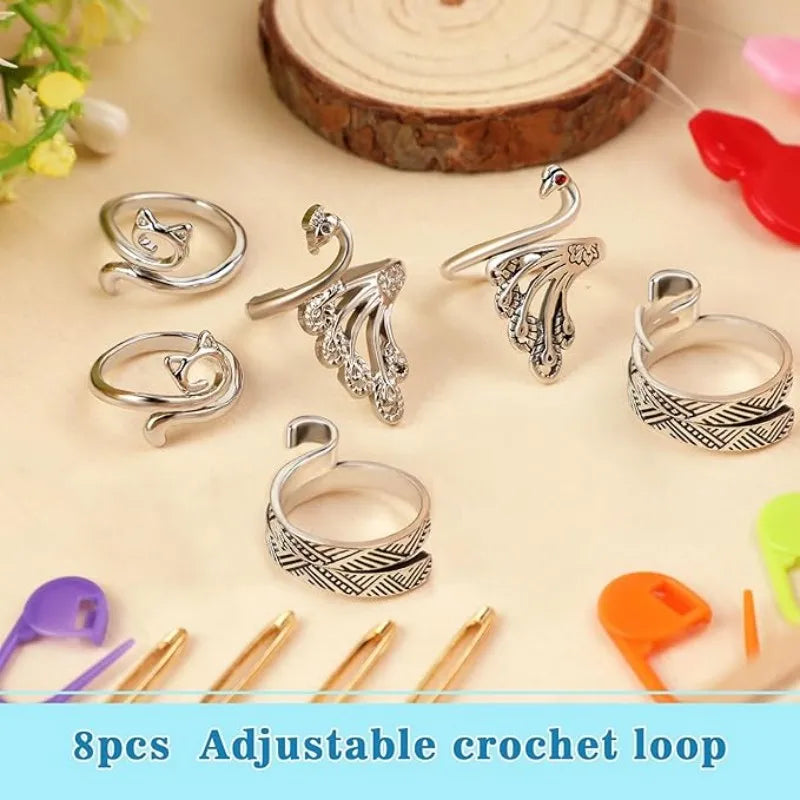 MIUSIE 2pcs Adjustable Knitting Crochet Loop Ring Knittied Yarn Guide Finger Faster Holder Thimble Thread Ring Sewing Tools