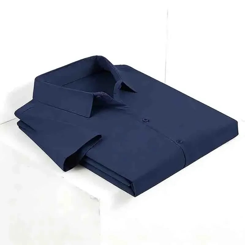 Minimalist Men's Solid Navy Blue Short Sleeve Button Shirt Slim Fit Casual Top for Everyday Outfits - Navy Blue / XXL