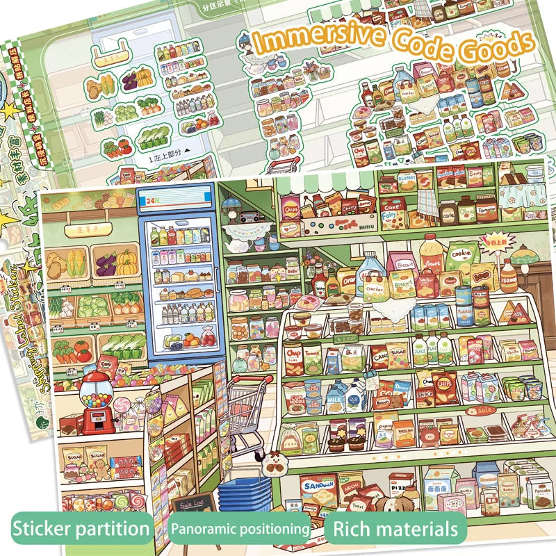 Immersive Scene-Creating Stickers, Multi-Scene Miniature Store Material Stickers, Panoramic Positioning, No-Cut DIY Journal D