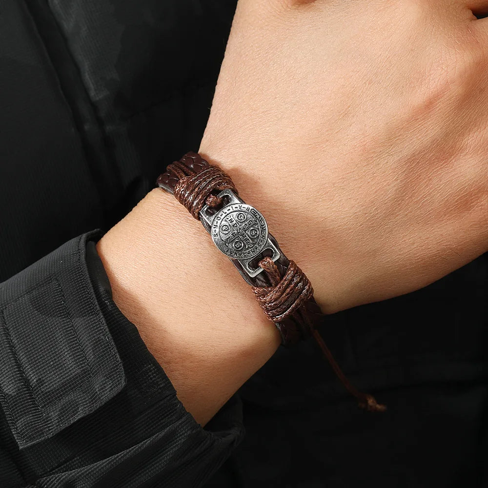 Vintage Handmade Braided Leather Bracelets For Men Myth Cross Scripture Retro Lace-Up Punk Style Leather Bracelet Accessory G