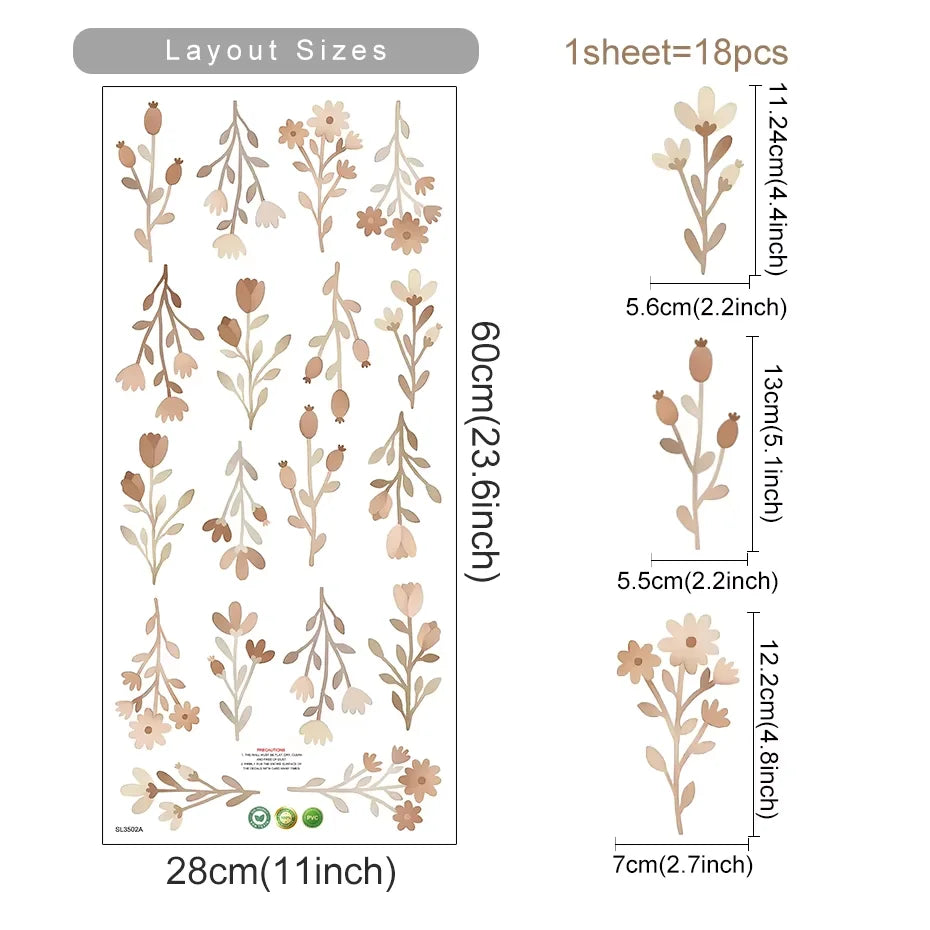 Boho Style Flowers Leaves Watercolor Wall Sticker Nursery Vinyl Wall Art Decals for Living Room Bedroom Kids Room Home Decor 