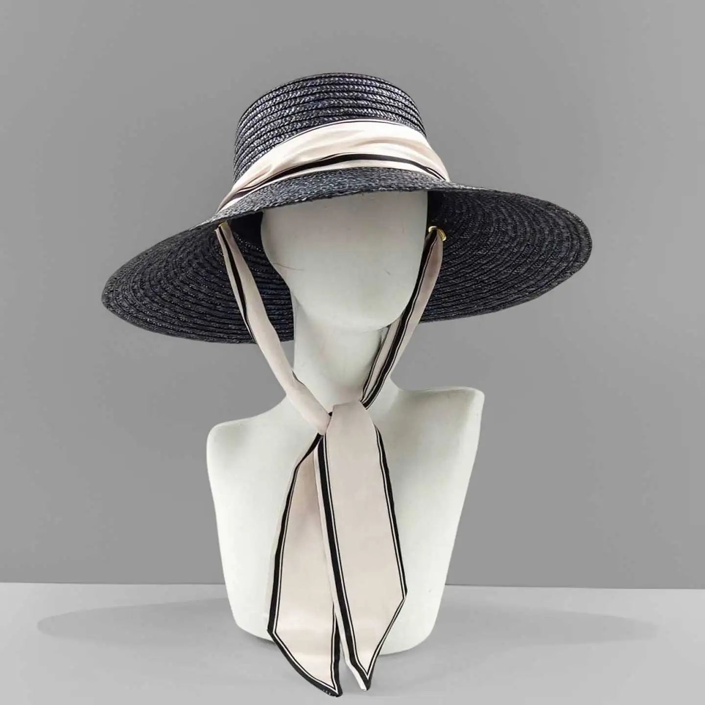 Boater Straw Hat wide brim French elegant square ribbon women's sun hat holiday straw hat 모자 햇빛 가리개 - 60