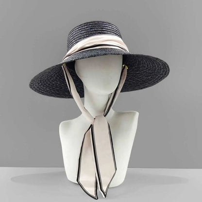 Boater Straw Hat wide brim French elegant square ribbon women's sun hat holiday straw hat 모자 햇빛 가리개 - 60