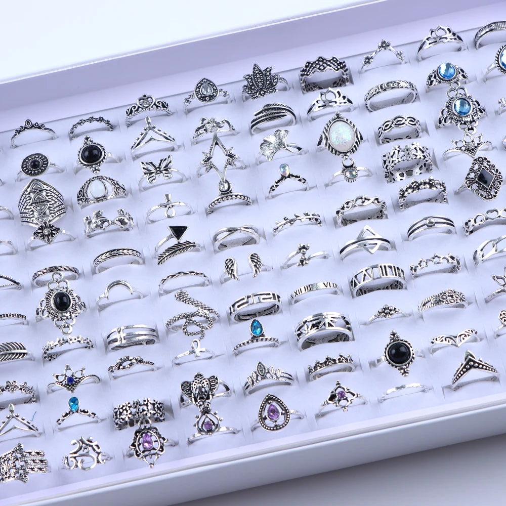20Pcs/Lot Vintage Bohemia Geometry Flowers Leaf Rings For Charm Women Mix Style Color Fashion Jewelry Gift Accessories