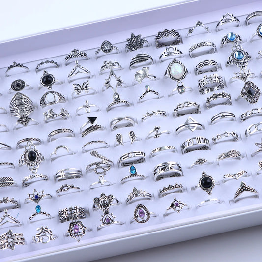 20Pcs/Lot Vintage Bohemia Geometry Flowers Leaf Rings For Charm Women Mix Style Color Fashion Jewelry Gift Accessories