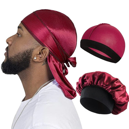 3PCS/LOT Men Silky Durag Long Tail Pirate Hat Headband Turban Dome Wave Cap Unisex Wig Cap Elastic Band Satin Bonnet - Burgun