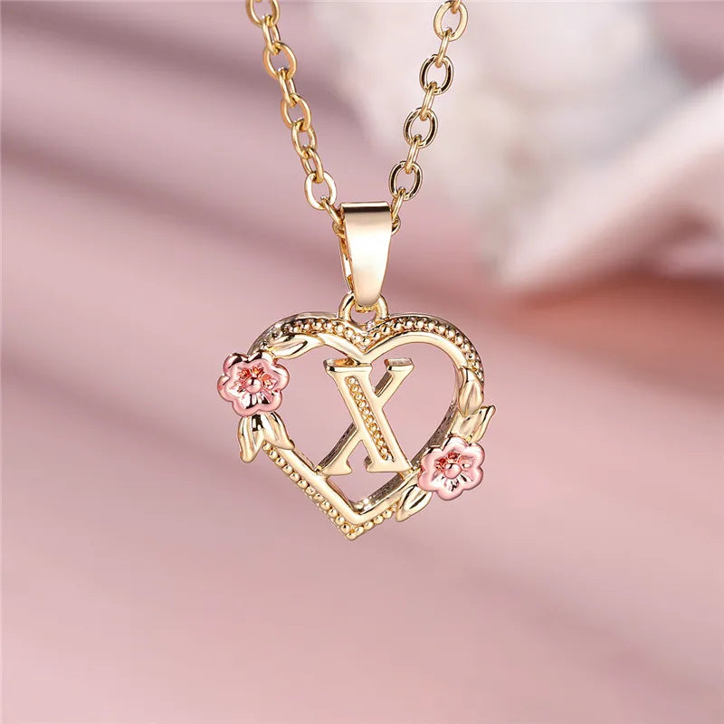 Female A-Z Letter Flower Pendant Necklace Yellow Gold Color Wedding Jewelry Gift For Women - X