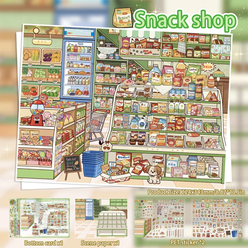 Immersive Scene-Creating Stickers, Multi-Scene Miniature Store Material Stickers, Panoramic Positioning, No-Cut DIY Journal D