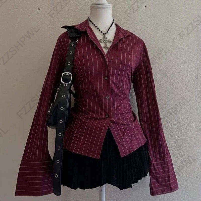 Goth Aesthetic Y2K Vintage Women's Long Sleeve Shirt Sexy Slim Fit Chic Button-Down Solid Color Crop Tops Grunge Punk Streetw