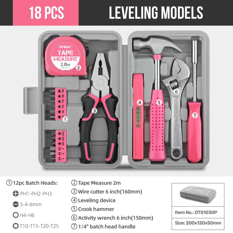 Hi-Spec 18/19/20PCs Pink DIY Tool Kit with Electric Pen & CR-V Steel - Home Maintenance Hand Tools Set for Women & Car Care -