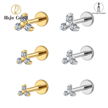 Right Grand ASTM F136 Titanium Tiny Trinity CZ Labret Stud 16G Triple CZ Flower Cartilage Earring Nose Medusa Earlobe Piercin