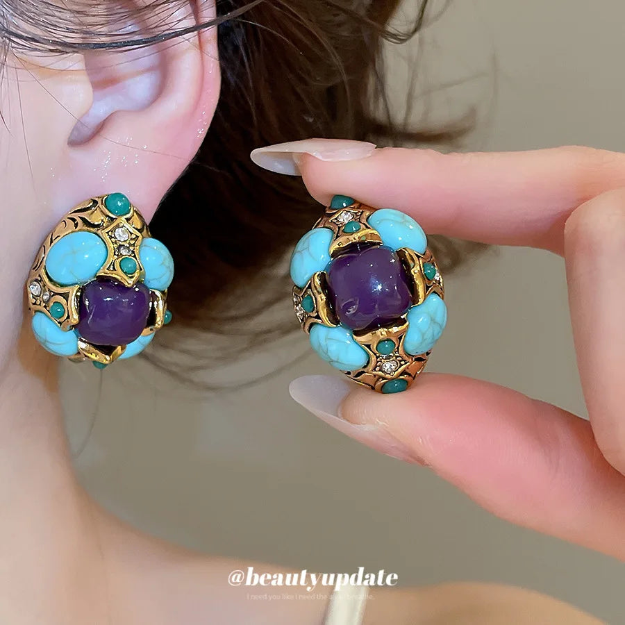 Vintage Resin Stone Crystal Stud Earrings Retro Luxury Temperament Ear Jewelry