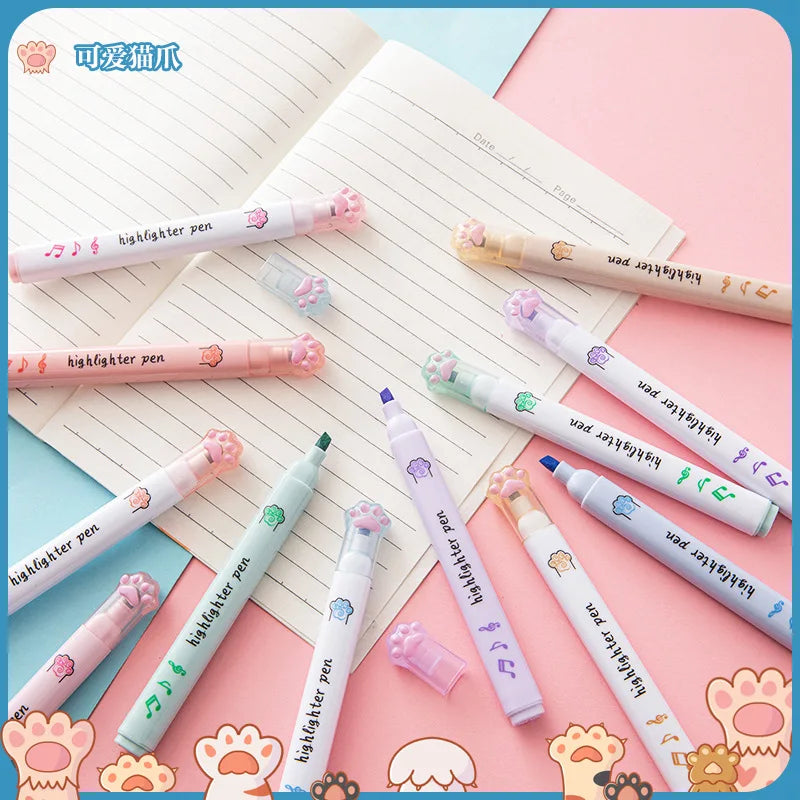 6Pcs/Set Kawaii Cat paw Fluorescent Highlighter Pens Markers Pastel Drawing Pen Student School Office Supplies Cute Stationer