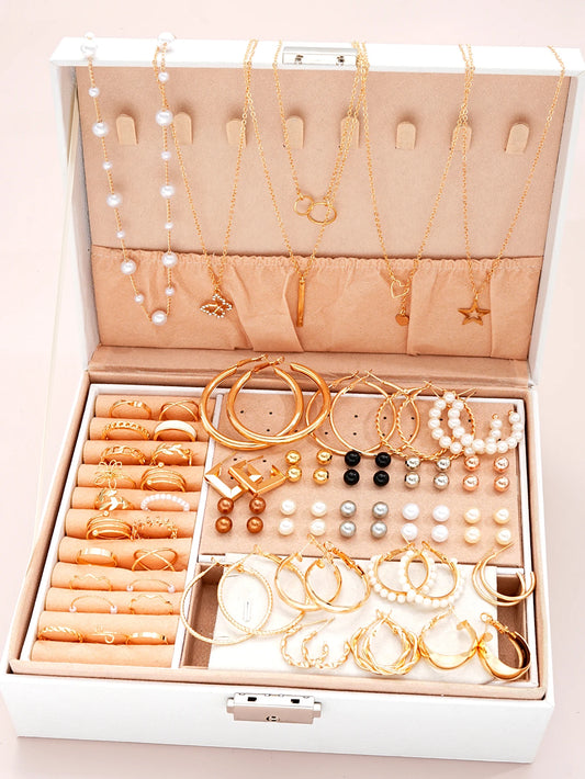 86pcs/Set Elegant Pearl Earrings Multi-Layered Necklace Ear Studs Rings 4-In-1 Jewelry Set For Women Daily Wear Gift (No Box)