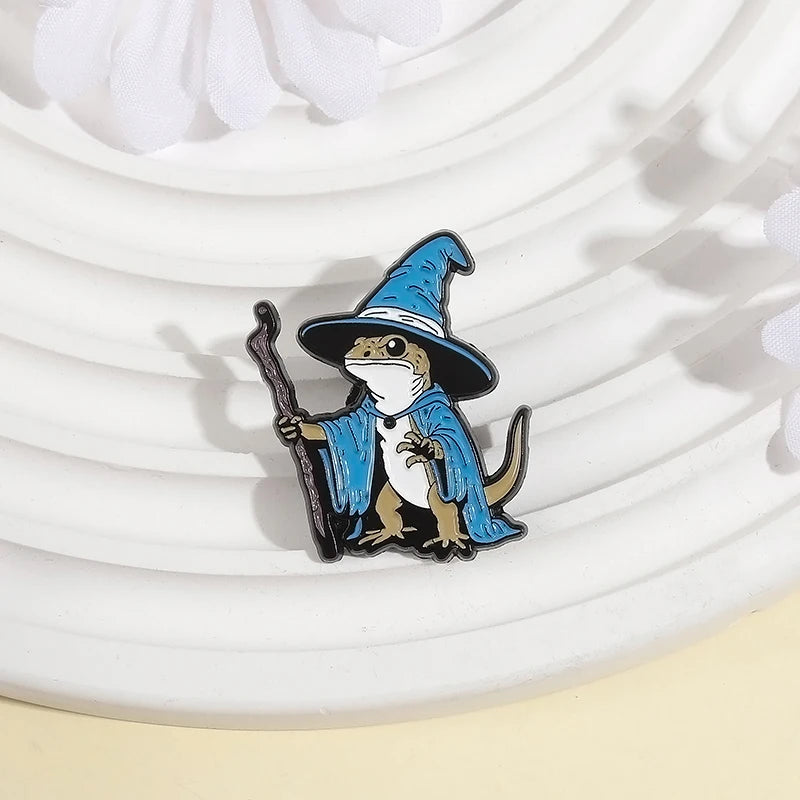 Lizard Wizard Enamel Pins Punk Gothic Blue Animal Metal Brooches Decorate Backpack Clothes Lapel Badge Funny Jewelry Gifts