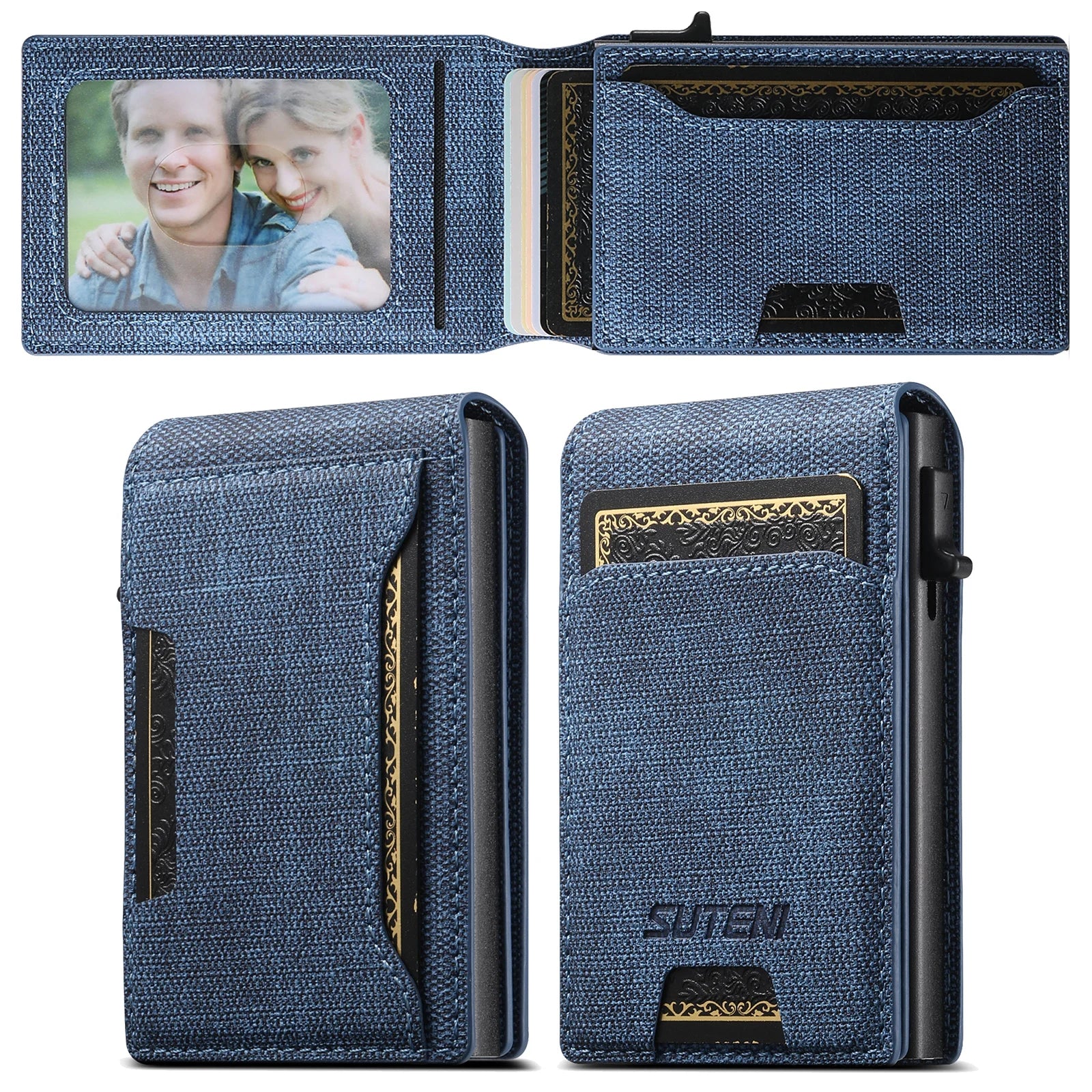 Push-out Card Faux Leather Card Holder Wallet Holder Large Capacity Can Hold 1-12 Cards 1 Photo Black/Brown/Blue - Blue