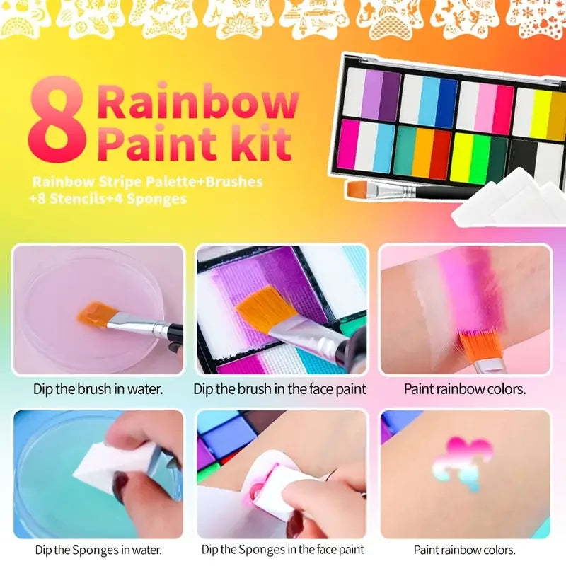 Palette Rainbow Stripe Paint Set with Brushes, Water Based Dual-Tone Face and Body Paint Palette, Christmas Halloween Cosplay