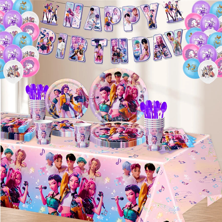 K-Pop Theme Disposable Tableware Set for Kids Birthday Baby Shower Party - Paper Plates Cups And Tablecloth with Birthday Ban