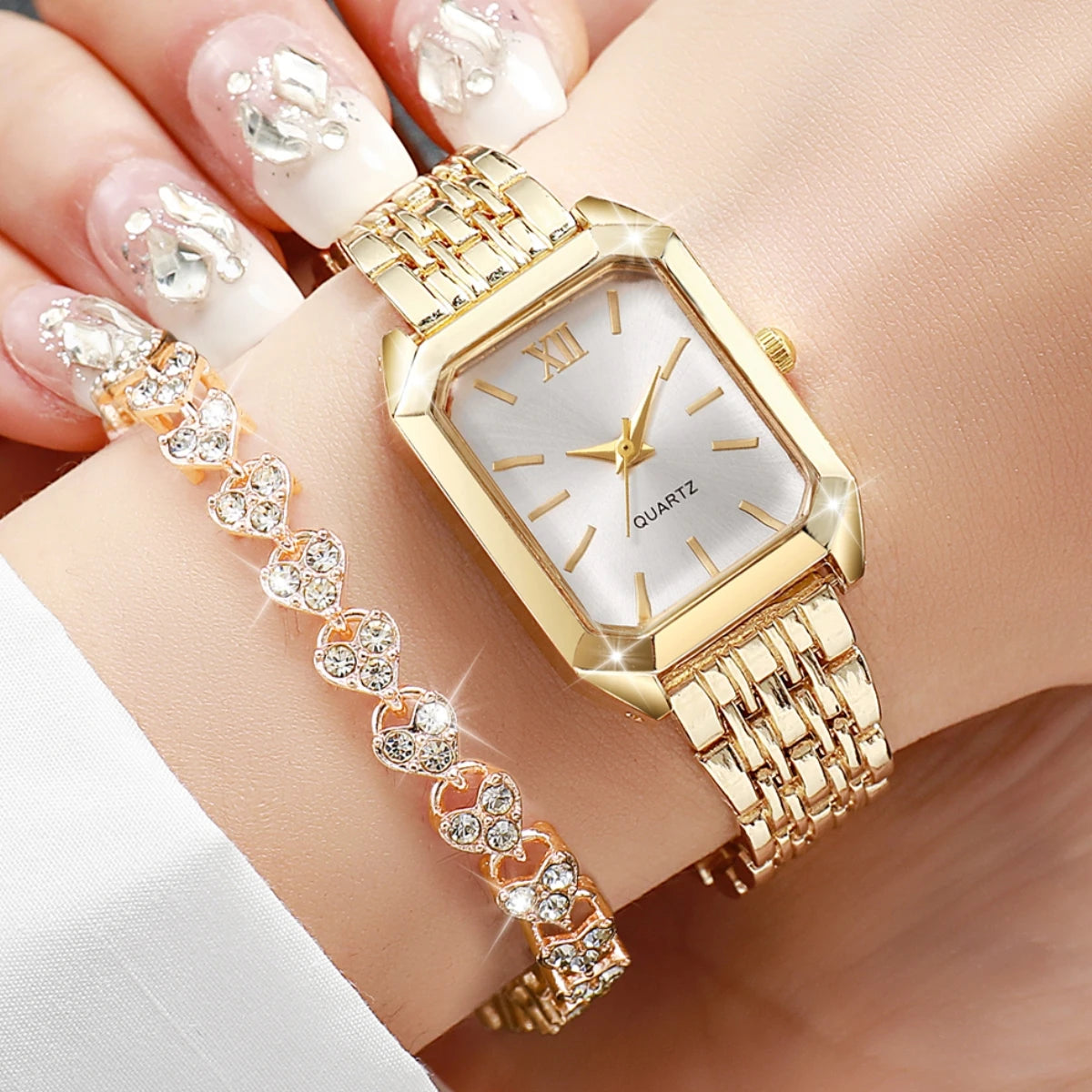 2PCS/Set Fashion Rectangle Women Quartz Watch Ladies Roma Dial Wristwatches Rhinestone Bracelet Set Reloj Mujer Girls Clock G