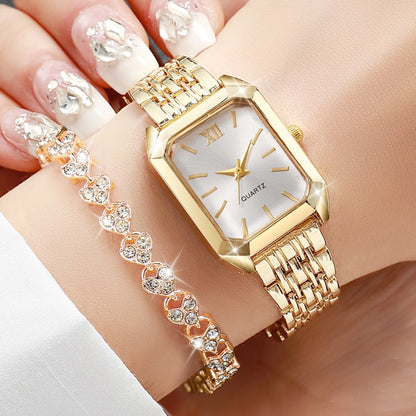 2PCS/Set Fashion Rectangle Women Quartz Watch Ladies Roma Dial Wristwatches Rhinestone Bracelet Set Reloj Mujer Girls Clock G