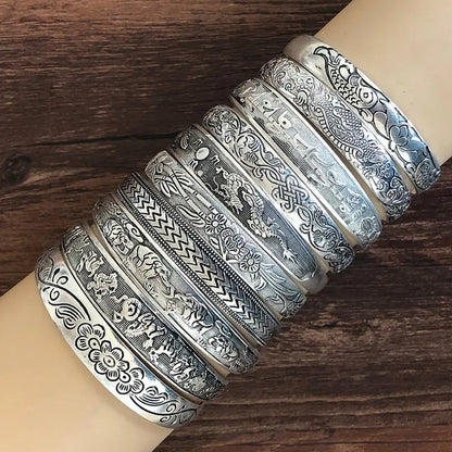 Retro Cuff Bracelets Tibetan Silver Metal Carving Fish Elephant Flower Bangles Vintage Gypsy Jewelry Female Gifts